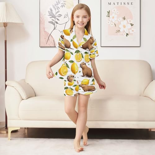 Satin Pajama Sets Short Sleeve Lemon Capybara Summer Button Down Silky Nightwear 2 Piece PJS 5-14Y3