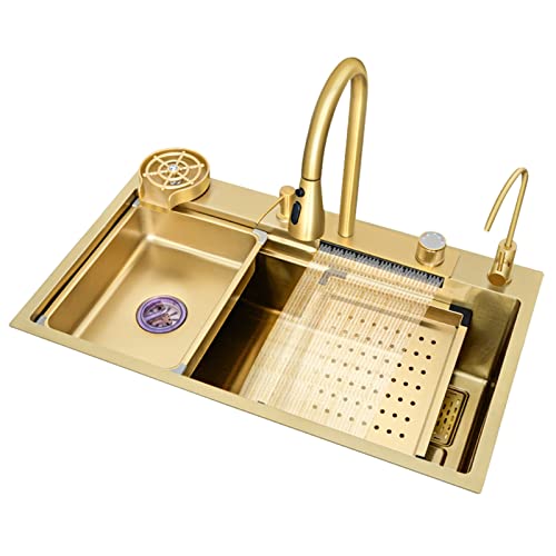 Preisvergleich Produktbild DOLPTBEZM Gold Großes Einzelspülbecken Raindance Waterfall Gemüsebecken Multifunktionale Küchenspüle Unterbauspüle mit Zubehör