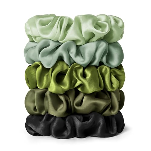 LILYSILK Silk Hair Scrunchies Ties 100% Mulberry Elastic Ponytail Holder for Frizz & Breakage Prevention 5PC (pale green+olive+dark green+avocado+black) 5pc-03