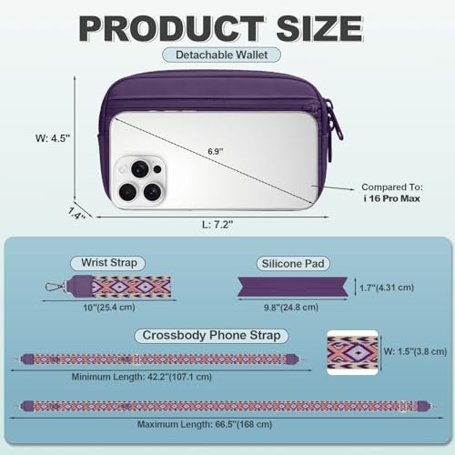 Image of YFWE Clip and Go Strap for Phone with Wallet Crossbody, Adjustable Phone Lanyard with Detachable RFID Wristlet Wallet, Pattern Strap - Dark Purple (L)