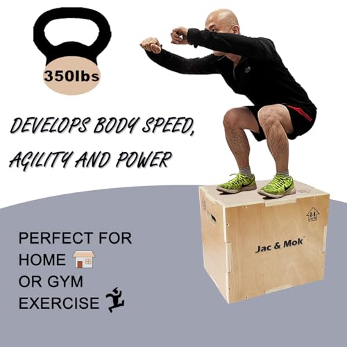Jac & Mok 3 in 1 Holz Plyo Box-Jumping Box-Non-Slip Plyometric Box for Jumping Exercise - Workout Step Platform, Heavy Duty (16/14/12, Wood)