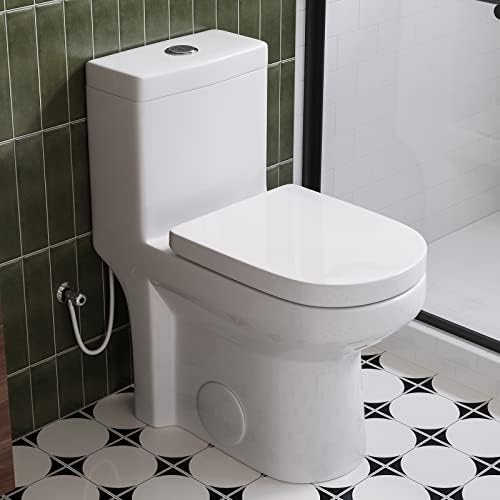 HOROW HWMT-8733U Small Compact One Piece Toilet, Power Dual Flush Toilet For Bathroom, Water Saving Toilet With Soft Closing Seat, Quick Release & UF Seat, White Toilet Bowl, 12'' Rough-in