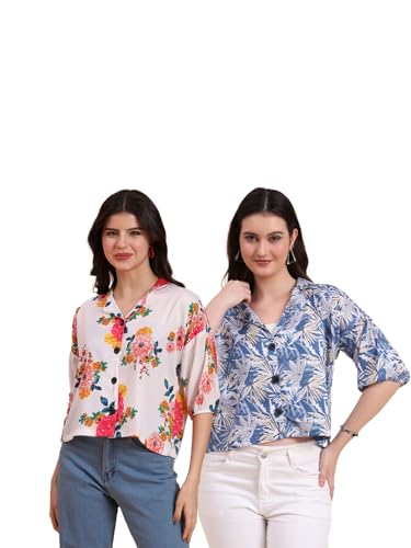 Image of Women's Cotton Blend Printed Combo (Pack of 2) Shirts - 3 /4 Sleeves V Collar Neck (COMBO1744)