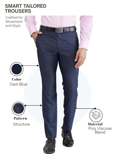 Image of Raymond Men's Slim Fit Formal Trousers, Poly Viscose Blend, Structure Pattern, Flat Front | Dark Blue