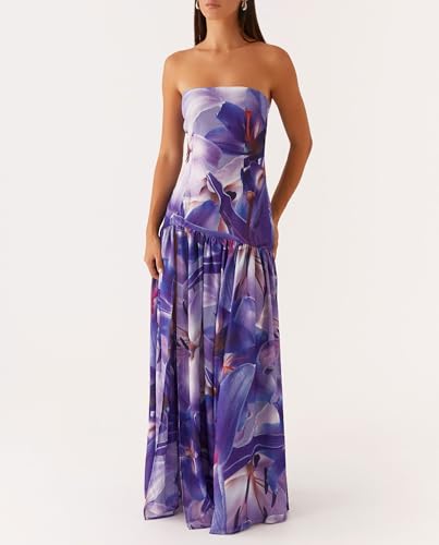 Image of Women Floral Strapless Maxi Dress Y2K Bodycon Tube Long Dresses Sexy Party Formal Cocktail Beach Slit Dress