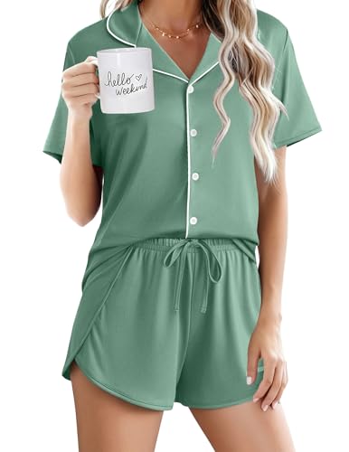 Image of Ekouaer Pajamas for Women Set Button Up Sleepwear 2 Piece Pjs Lounge Set Short Sleeve Nightwear