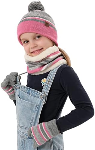 Kids Toddlers Winter Knit Warm Beanie Hat Scarf Gloves Set for Boys Girls Age 2-7, Pompom Cap Neck Warmer Gloves Fleece Lined 6 41SVqU3hRQL. AC