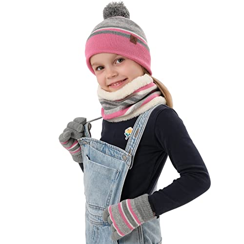 Image of Kids Toddlers Winter Hats Knit Warm Beanie Scarf Gloves Set for Boys Girls Age 2-7, Pompom Cap Neck Warmer Fleece Lined Gifts