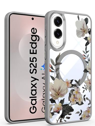 Image of VONZEE Case for Samsung Galaxy S25 Edge 5G | Luxury Retro Floral Clear Cover | Magnetic Wireless Charging Compatible | Shockproof PC+TPU Glossy Shiny Protective Case for Girls & Women (Grey)