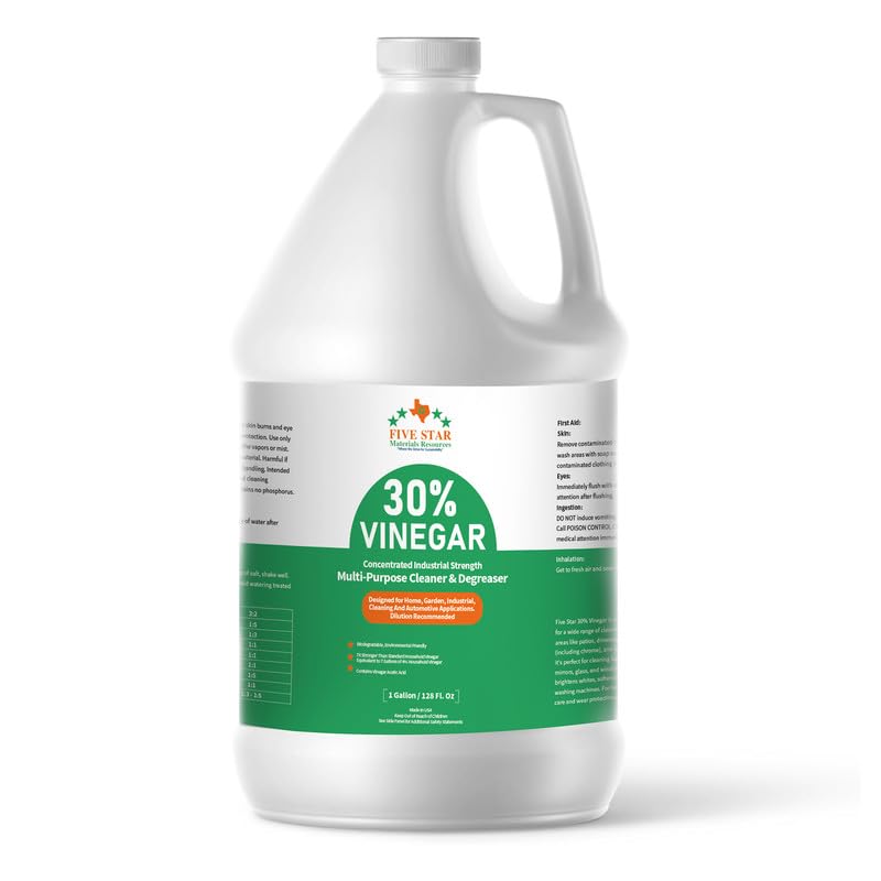 FIVE STAR MATERIALS RESOURCES 30% Vinegar Concentrated | White Vinegar for Cleaning and Garden | Home, and Outdoor Pure | Max Performance 7X Power | with Instructions (1 Gallon)