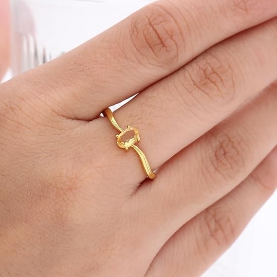 Natural Citrine Birthstone Ring For Women Minimalist 14K Gold Plated Dainty Oval Faceted Gemstone Statement Ring Handmade Jewelry Christmas Valentine Promise Gift For Her2