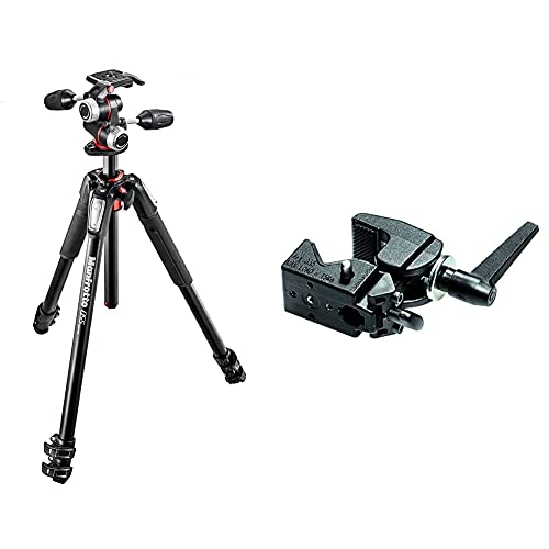 Manfrotto 055 professionelles Fotostativ mit 3 Auszügen (3-Wege Neiger und horizontaler Mittelsäule, Spiegellos bis 8 kg) & 035 Superclamp Universal Befestigungs-Mechanismus (Aluminium) schwarz