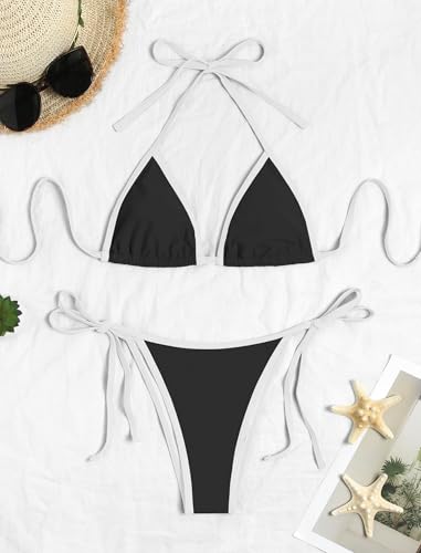 Image of ZAFUL Womens Printed Triangle Bikinis 2 Piece Halter Bikini Sets High Cut Bathing Suit Side Tie Swimsuits