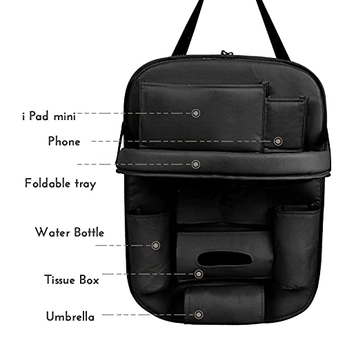 Image of Premium Black Car Backseat Organizer with Foldable Tray | Multi-Pocket Storage for Tablets, Phones, Bottles & Travel Essentials