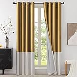 Picture of BULBUL Gold Ivory 100% Full Blackout Velvet Curtains,90 inches Long Modern Liner Curtains Thermal Drapes Panels for Living Room Bedroom Grommet Set of 2