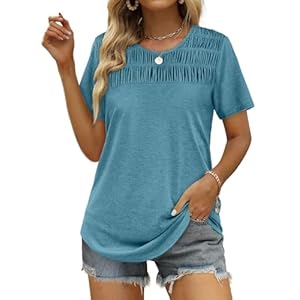OFEEFAN Women’s Summer Tops 2025 Trendy Short Sleeve Shirts Smocked Crewneck Tee