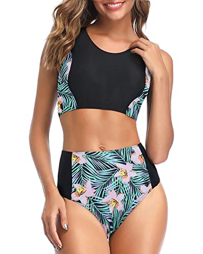 Tempt Me Women Two Piece Black Floral High Waisted Bikini Set Sporty Swimsuits Bathing Suit With Bottom For Teen Girls S #TOP2