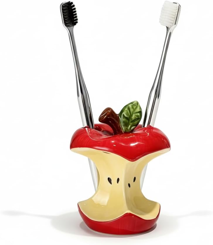 Creative Apple Core Toothbrush Holder, Ceramic Bathroom Organizer with Stand, Unique Bathroom Countertop Accessories, Fresh Home Decor (red)