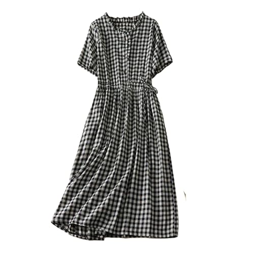 AnLingOu Damen Retro Literarisches Karokleid Lässiges Kariertes Kleid Aus Baumwolle Und Leinen Kariertes Kurzarmkleid L