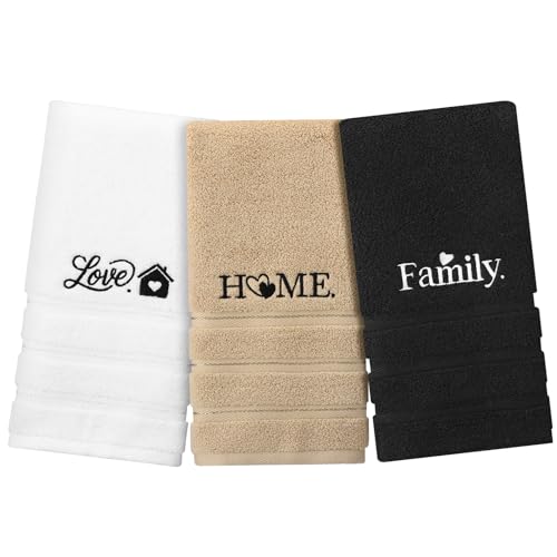 Ovveroche 3 Pack Home Love Family Embroidered Cotton Hand Towels 13x30 Inch Farmhouse Bathroom Decor Soft Absorbent Towels for Kitchen Boho Decor Beige White Black