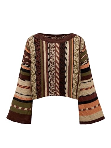 SHENHE Women's Bell Sleeve Crew Neck Tribal Striped Sweater Hippie 70s Vintage Cropped Sweater