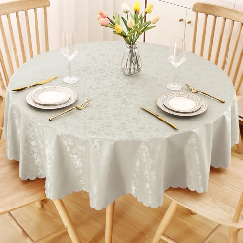 Image of Smiry Round Waterproof Heavy Duty Vinyl Tablecloths, 60 x 60 Inch | Wipeable Washable Floral Embossed Table Cover for Kitchen and Dining Room, Indoor & Outdoor Use, Sand
