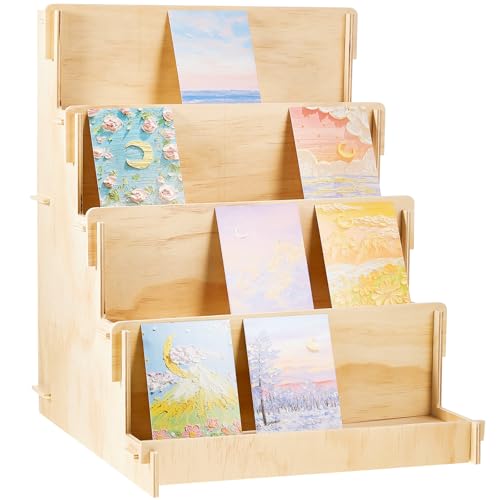 Wooden Card Display Stand, 14.57 x 14.96 x 20.47 Inch (4 Tier), Wood