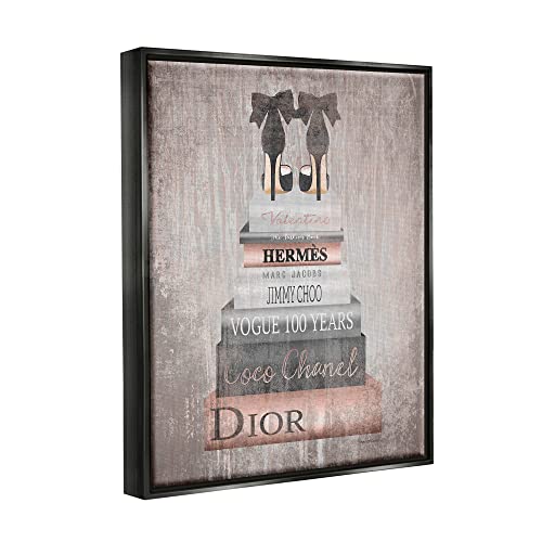 Image of 'Book Stack Heels Metallic Pink'| Floating Frame Canvas Art | Stupell Industries | Black, 25 x 31 Inches, Easy to Hang and Sturdy, Made in USA, by Amanda Greenwood