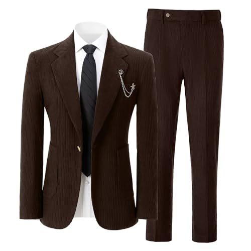 Men Corduroy Suit 2 Pieces Slim Fit Vintage Mens Coat 1 Button Tuxedo Blazer Pants for Wedding Business