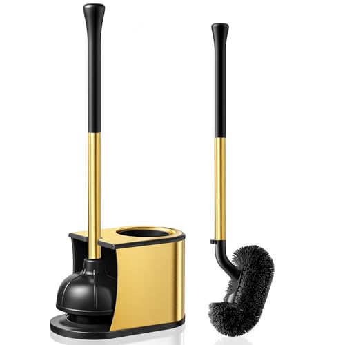 HAMITOR Toilet Plunger and Brush Set: 2 in 1 Stainless Steel Combo with Curved Bristles - Heavy Duty Toilet Unclogging for Family Bathroom - Compact Hideaway Apartment Cleaning Accessories - Gold