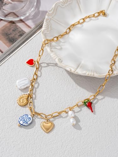Trendy Stainless Steel Gold Plated Charm Necklace with Heart Pearl Pepper Conch Ceramic Pendant Necklace for Women Collares Chokers Jewelry2