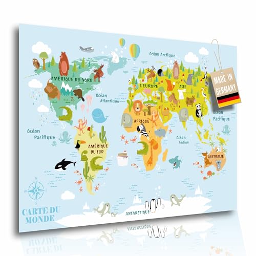 Carte du monde enfants animaux XL 60x42 cm - Poster éducatif et ludique pour chambre enfant, affiche murale colorée avec continents, illustration pédagogique,...