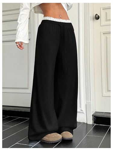 SweatyRocks Women's Plus Size Wide Leg Sweatpants Baggy Elastic Waist Eyelet Lace Trim Sweat Pants with Pocket Trousers2