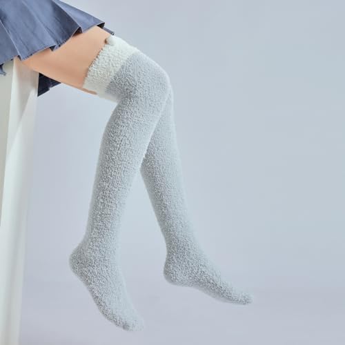 Image of Thigh High Fuzzy Socks Cute Animal Coral Fleece Over the Knee Thigh High Long Stockings Warm Stripe