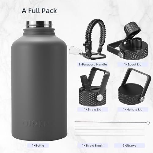 Image of BJPKPK Half Gallon Insulated Water Bottles with Straw Lid, 64oz Large Water Jug, Stainless Steel Bottles with 3 Lids and Paracord Handle, Thermo for Hot & Cold Liquid, Gray
