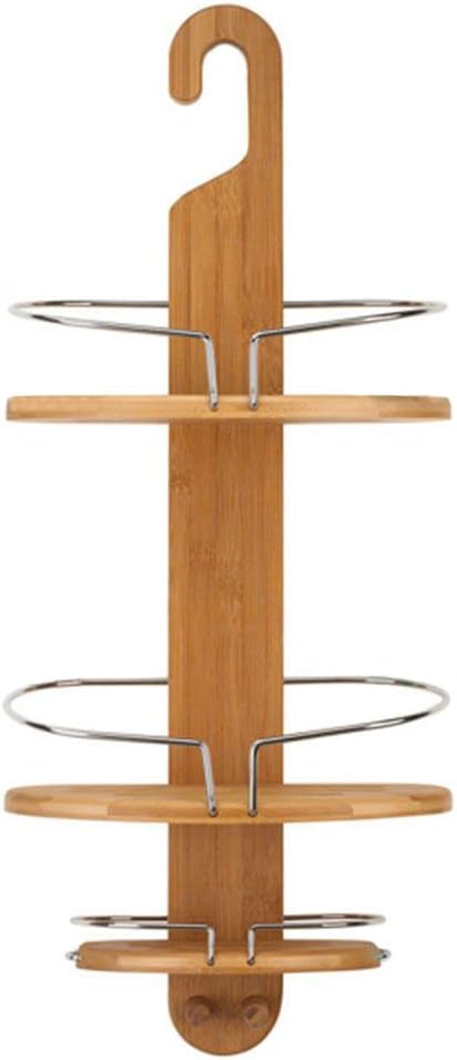 Bamboo and stainless steel shower caddy holding bottles inside a shower