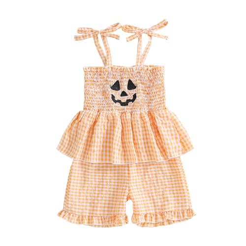 Rtnnsbbfcm Baby Girl Halloween Outfit Pumpkin Face Smocked Romper Sleeveless Short Jumpsuit Toddler Halloween Clothes