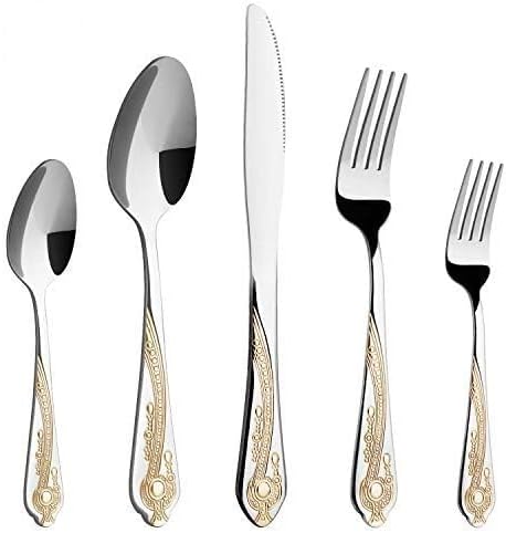 gold silverware set, 16 piece stainless steel golden flatware set for 4, silver tableware set with 24k gold-plated trim, eating utensils, great for family gatherings & daily use(prestige)
