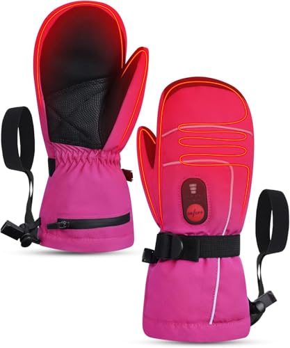SNOWYES 7.4V Rechargeable Heated Gloves, Waterproof & Windproof Winter Mittens, High-Performance Thermal Gloves for Skiing, Snowboarding, and Extreme Cold (Pink, XX-Small)