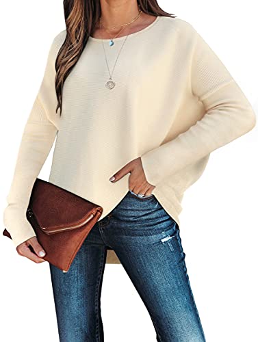 Anrabess Women's Boat Neck Long Sleeve Sweater Loose High Low Pullover Knit Jumper Tunics Tops Apricot B3I96-Fenxing-S #TOP29