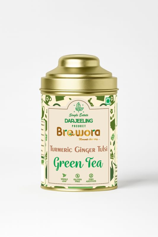 Brewora Turmeric Ginger Tulsi Green Tea | Spiced Wellness Blend | Holy Basil & Antioxidant Rich Green Tea | Soothing & Energizing Flavor | Loose Leaf Tea in Resealable
