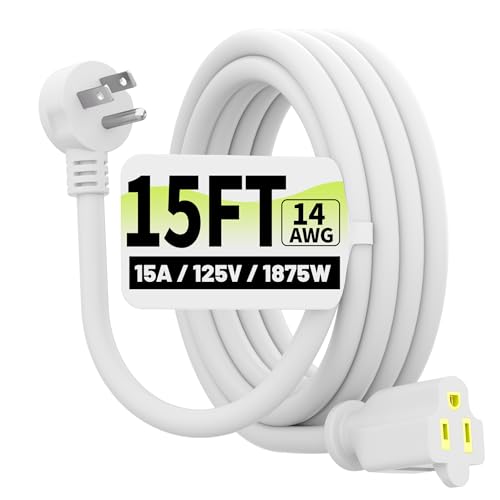 Vockjour 15 FT White Low Profile Flat Plug 14 Gauge Heavy Duty Extension Cord 14AWG 3-Wire Grounded Appliance Extension Cord 15A/125V/1875W SJTW ETL Listed Power Cord