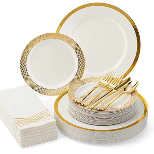 By Madee Heavyweight Disposable Dinnerware | Gold 175 Piece Set For 25 Guests | Dinner Plates, Salad Plates, Silverware & Napkins | Premium Supplies Plastic Plates For Party, Weddings & Elegant Events #TOP8