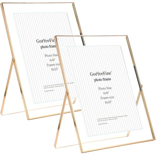 Gold 8x10 Floating Frame Set of 2 For Photo Sizes( 5x7 6x8 7x9) Beautiful Metal Beaded Edge Frames Adjustable Tabletop/Shelf Photo Frame Classy Gift Choice for Wedding