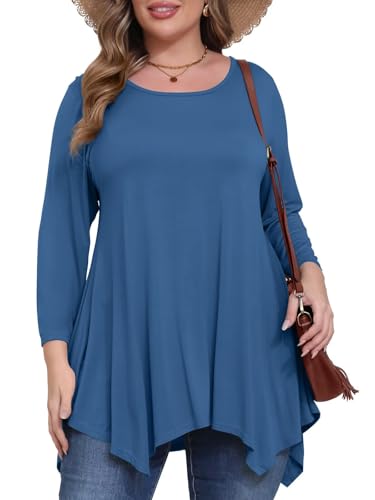 BELAROI Plus Size Tops for Women Fall Tunic Tops to Wear with Leggings 3/4 Sleeve Casual Swing Loose T Shirts Blouse(3X, Steel Blue)
