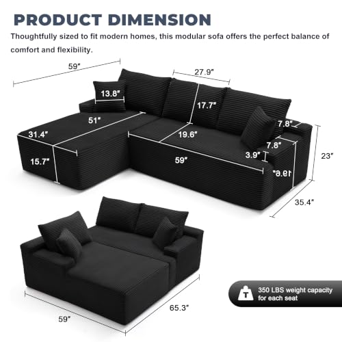 Image of Mangodan Cloud Sectional Sofa, Boneless Couch for Living Room, Modular Sectional Sofa with Deep Seat, Fluffy Comfy Couch with L-Shaped Chaise, No Assembly Required, Black