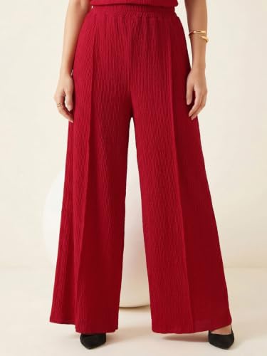Image of Selvia Lycra Red V Neck Top and Trouser Set, Co ord Set for Women Stylish