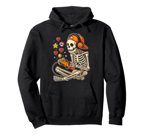 Gamer Squelette Boy avec écouteurs, Pixel rétro 8 Bits cœurs Sweat à Capuche