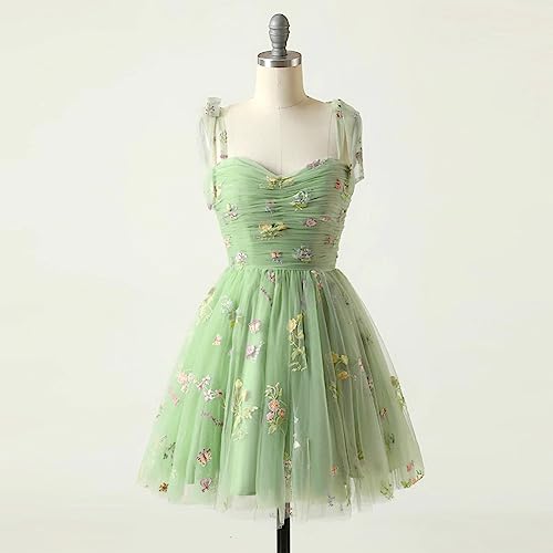 Image of Women's Tie Strap Tulle Prom Dresses Sweetheart Flower Embroidery Dress Short Formal Party Mini Homecoming Dresses