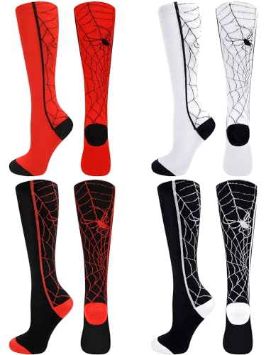 Cutecrop 4 Pairs Spider Soccer Socks Kids Sports Knee High Over the Calf Youth Athletic Socks for Boys Girls Halloween Party Favor